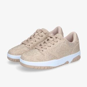 Kids Beige Rhinestone Lace-Up Sneakers